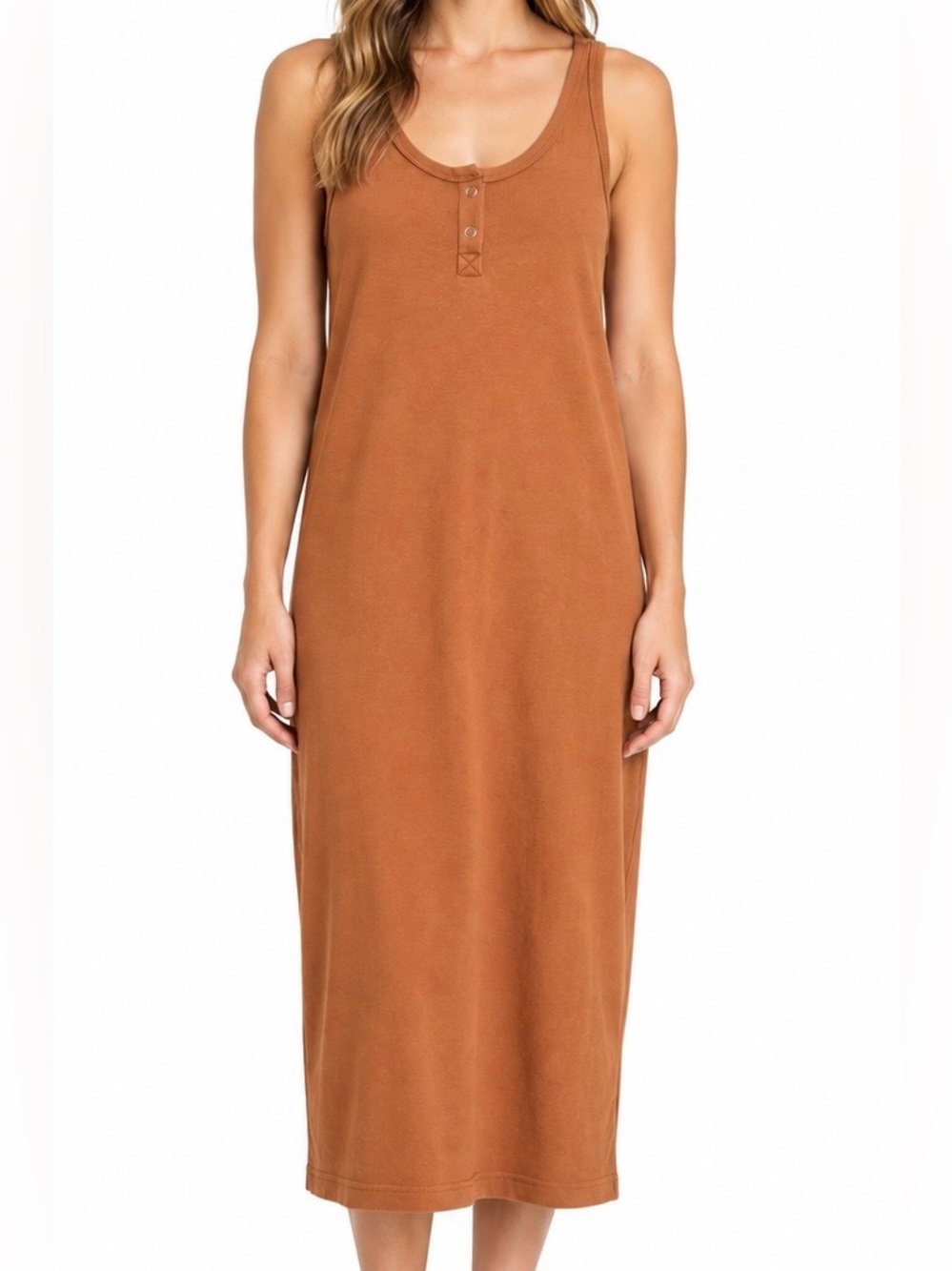 NWOT - The Normal Brand Two Snap Ribbed Midi Dress Adobe Brown Size Large